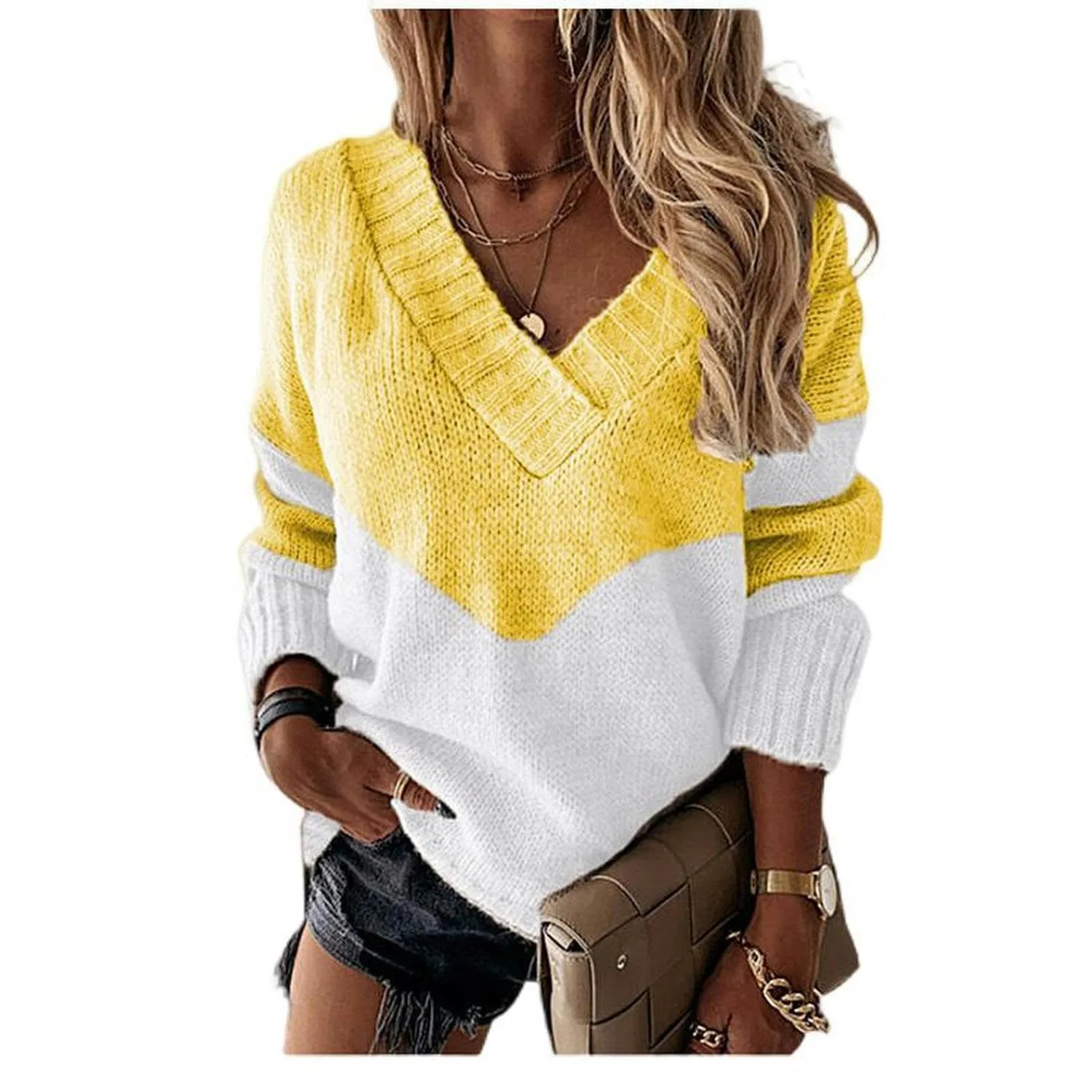 Женский свитер с принтом леопарда V-Neck Pullover, Yellow Stripe