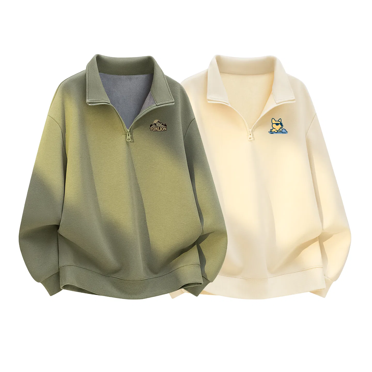 Детская толстовка с воротником-стойкой утепленный Oversize Tonlion, Gray Pea Green/Light Beige