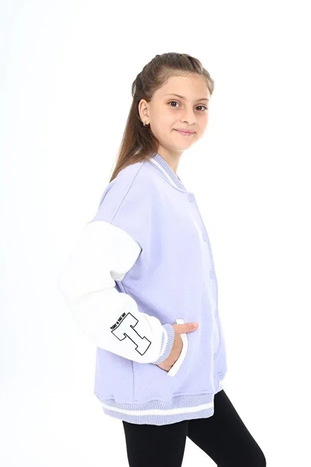 Детский кардиган с принтом Girls' college collar snap closure pocket low shoulder embroidery printed color block knitted cardigan Toontoy, Blue — фото 3
