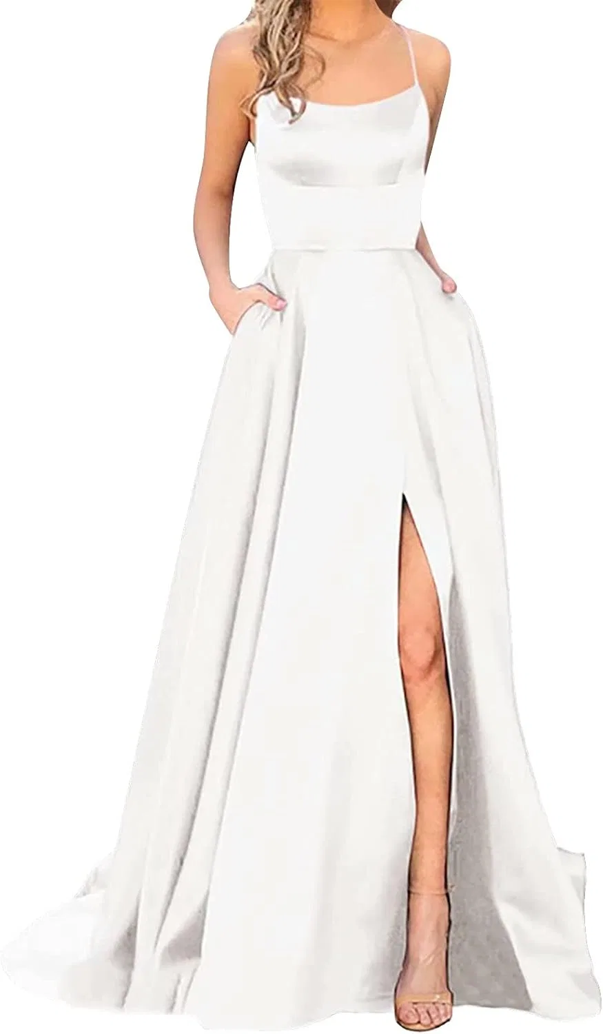 Женское длинное вечернее платье с карманами Halter Spaghetti Strap, White