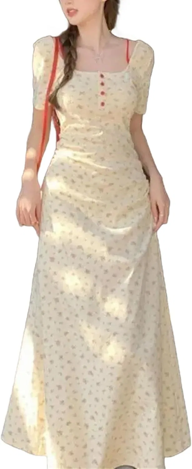 Женское миди-платье с цветочным принтом Slim French Waist, Apricot