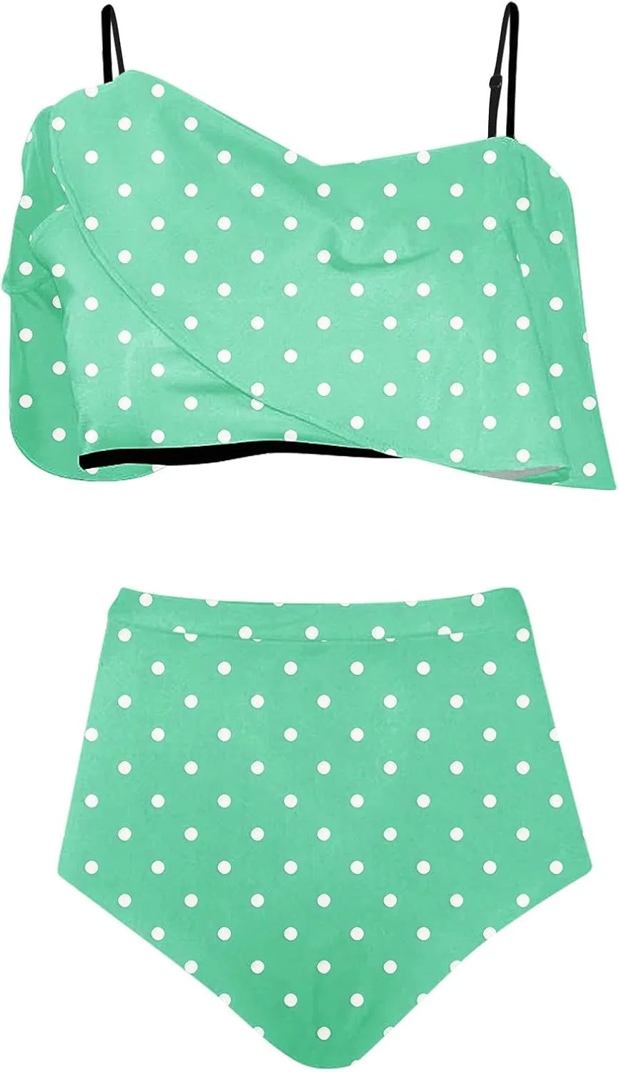Женский бикини-комплект с рюшами и высокой талией, Polka Dot, Green — фото 4