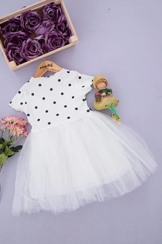 Детское платье для девочек с принтом Daphne ticaret girl polka dot tulle half sleeve dress Bam Bam Giyim, White — фото 2