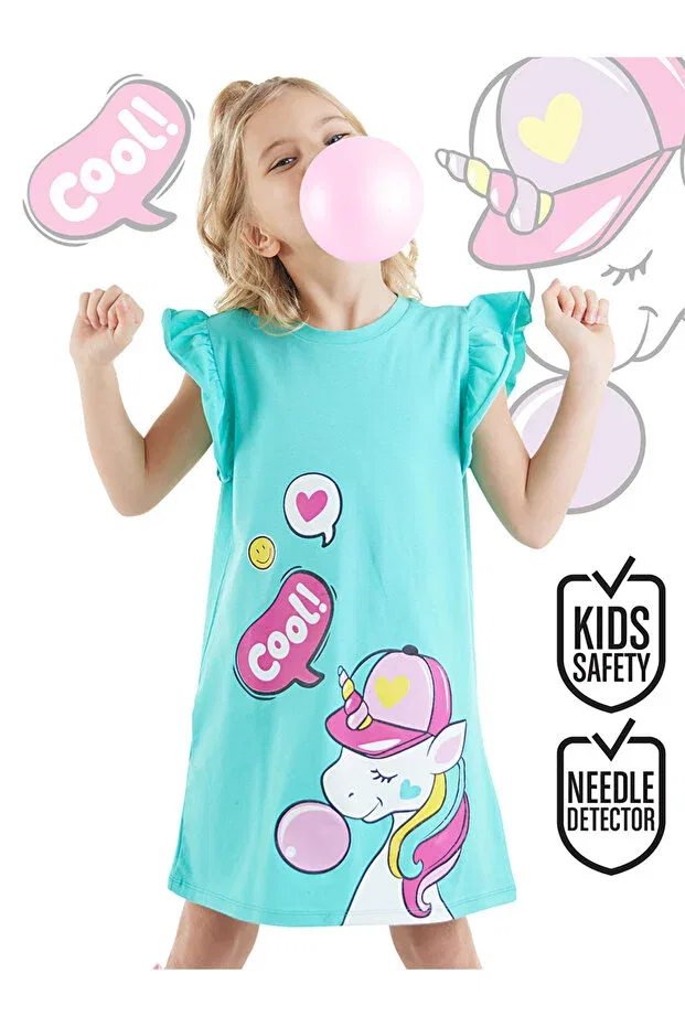 Детское платье для девочек с коротким рукавом-воланом Gummy Unicorn Denokids, Green