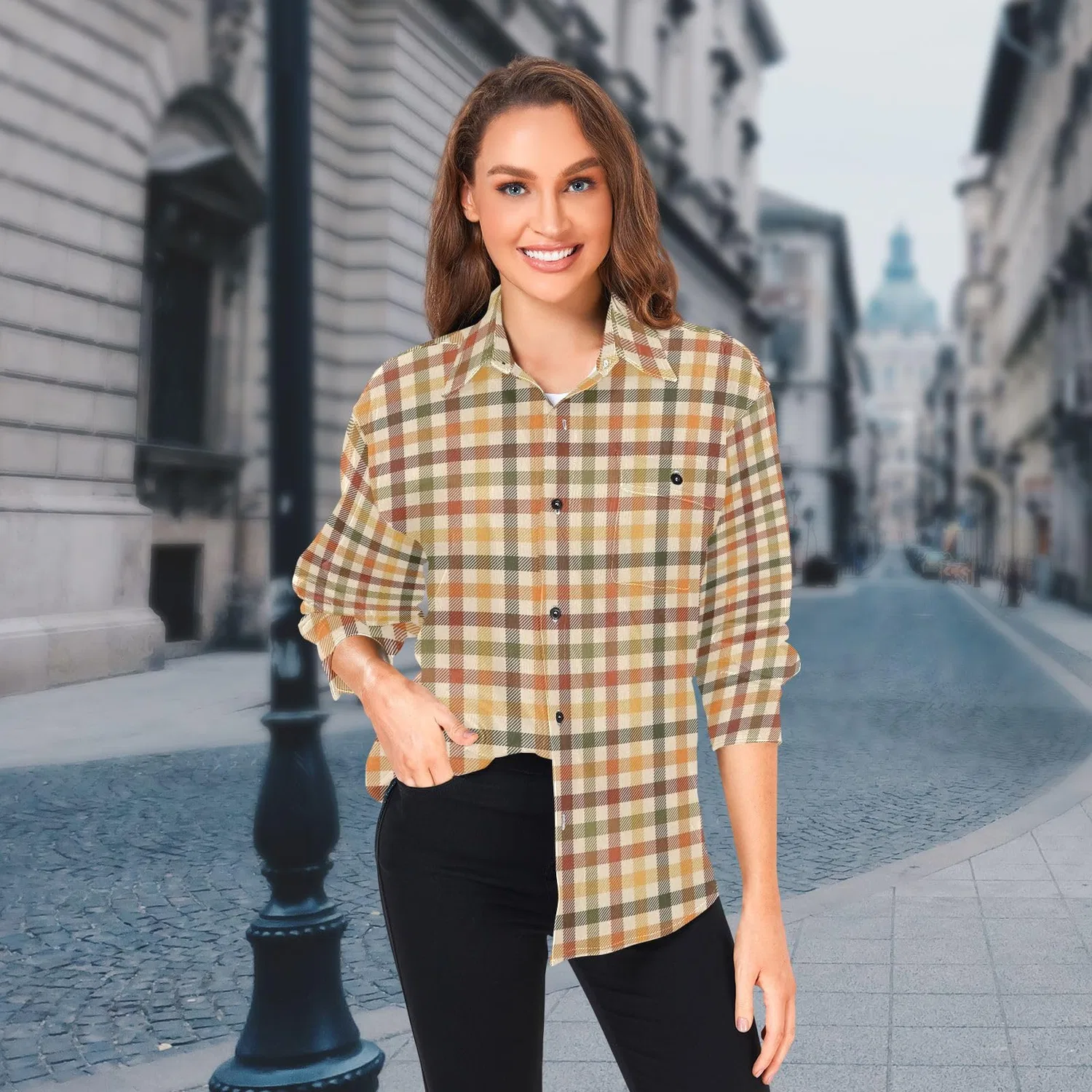 Женская куртка из вельвета в клетку с длинным рукавом, Caldo Plaid Autunno Giallo — фото 3