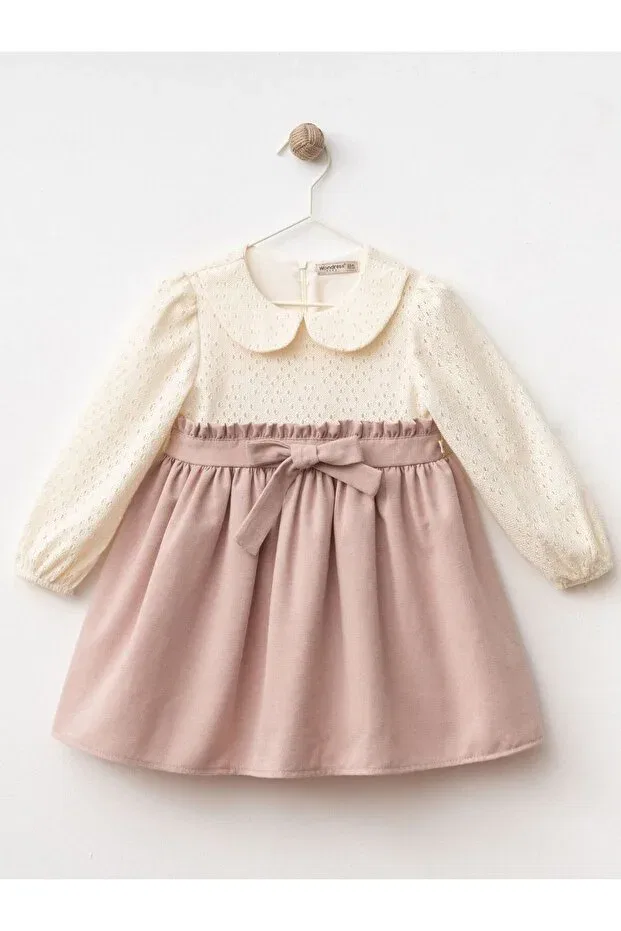 Детское платье для девочек хлопковое Bow linen dress Cherrys Bebek, Powder — фото 2