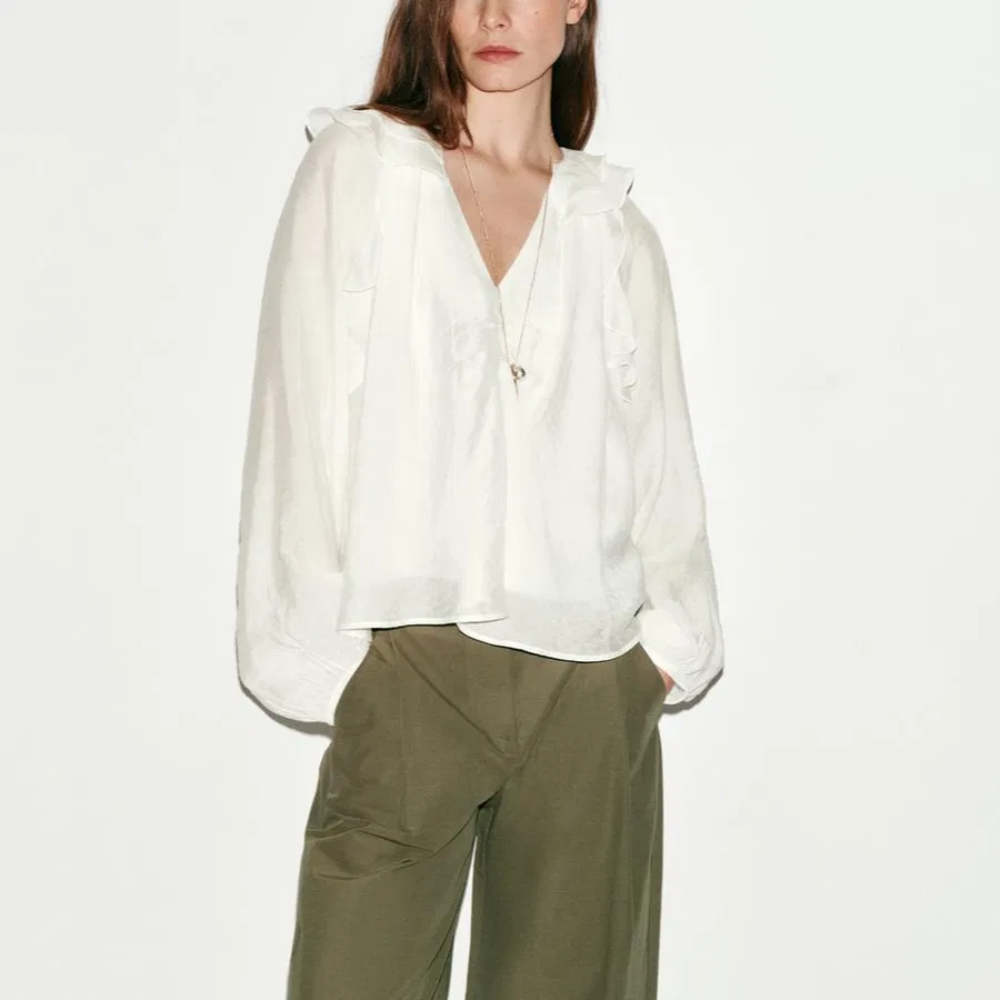 Женская рубашка с V-образным вырезом White ZARA, Белый — фото 4