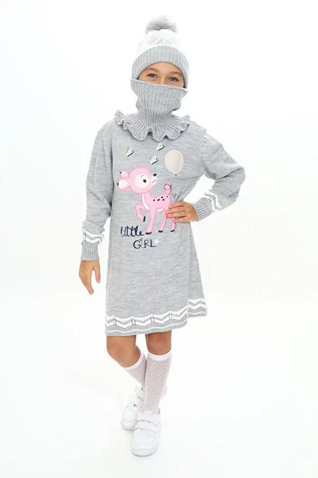 Детский комплект для девочек с принтом 3-Piece set with balloon gazelle patterned beret and scarf on the girl's dress tail Sevimli, Gri — фото 2