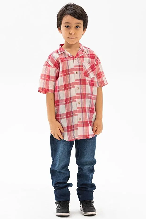 Детская рубашка для мальчиков с коротким рукавом Eliş Şile Bezi, Red Cream Plaid