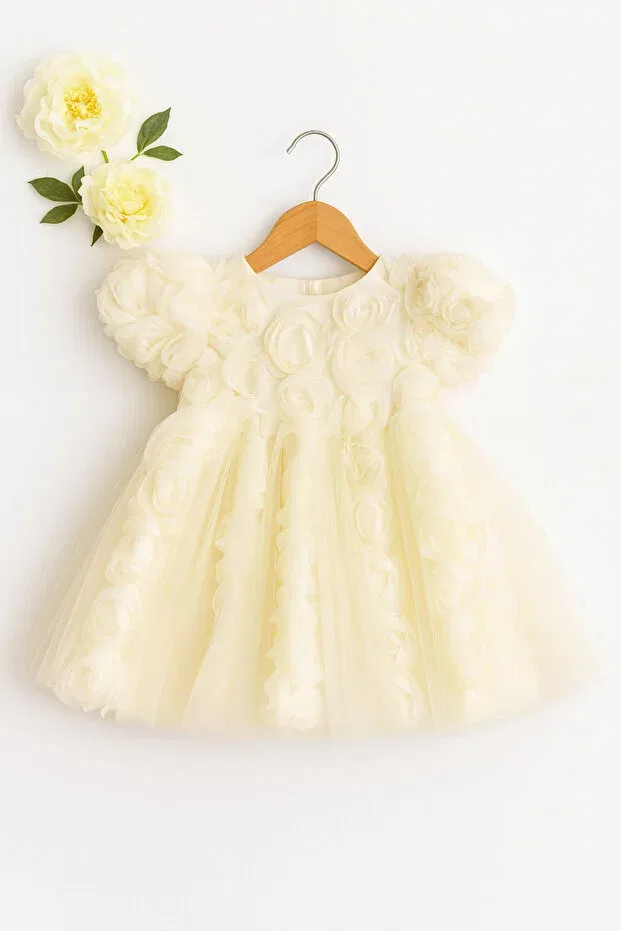Детское платье для девочек с принтом 3d Rose Lined Dress with Bow Detail Beyaz Bebe, Ecru — фото 3