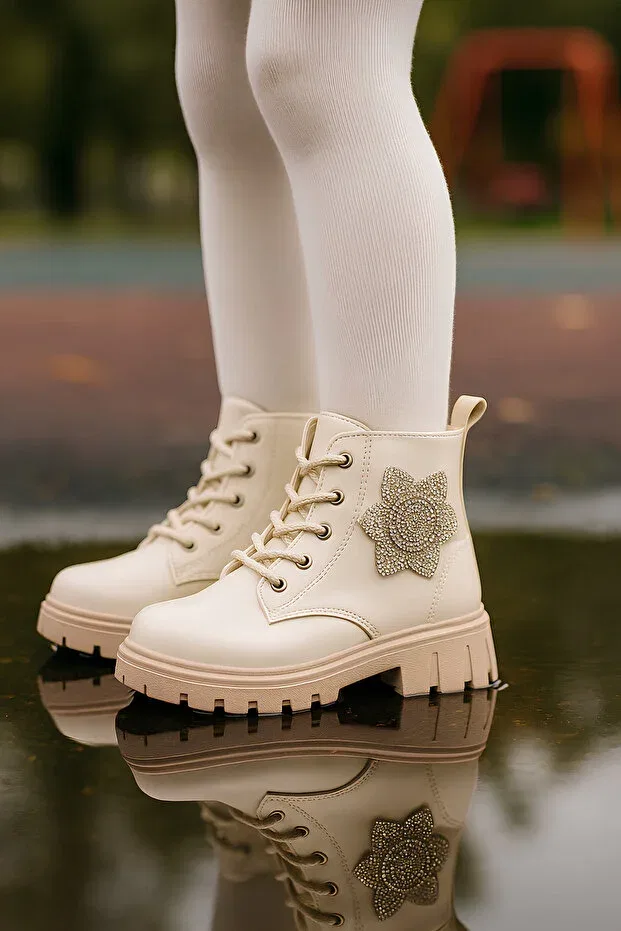 Детские ботинки для девочек с цветочным принтом Nstil, Beige Patent Leather