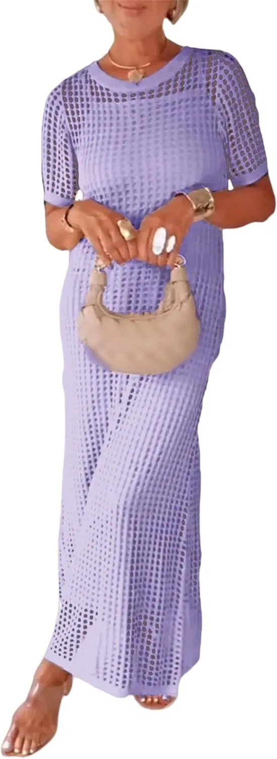 Женское пляжное платье макси с круглым вырезом и ажурным узором, Purple