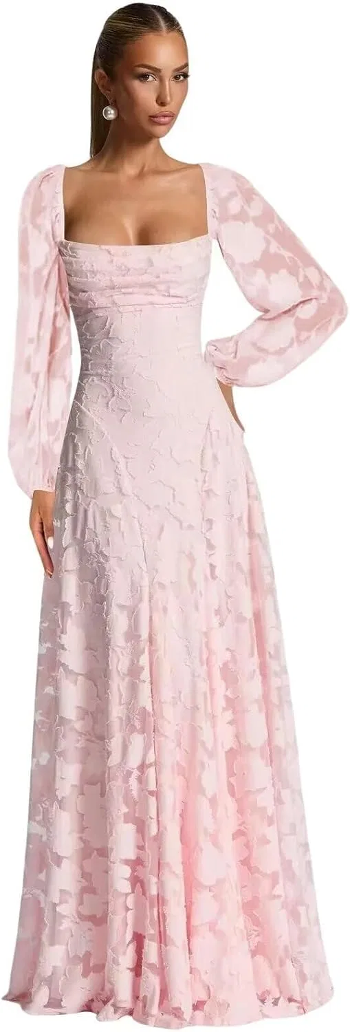 Женское длинное платье с цветочным жаккардом LA126, Pink