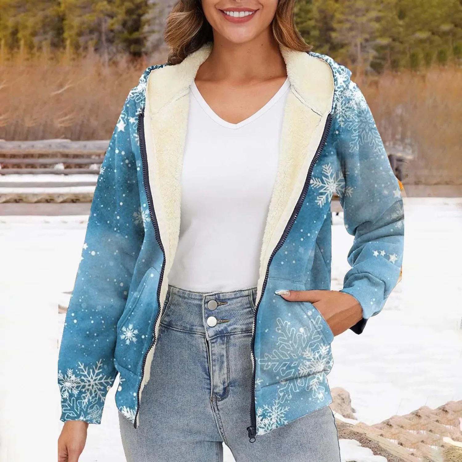 Женское утеплённое пальто на флисе с принтом Vintage Jeans, Blue Sky — фото 3