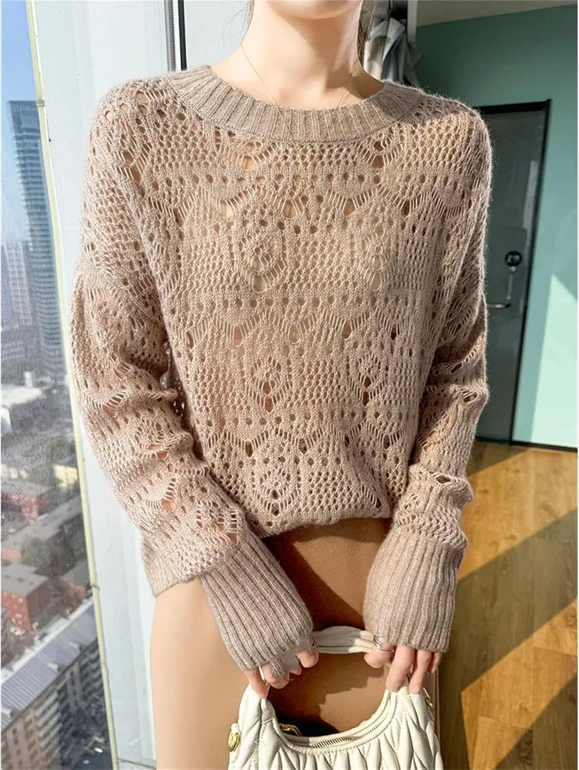 Женский свитер свободного кроя с длинным рукавом, модель Round Neck Hollow Out Knit Silk Cashmere, голубой — фото 4