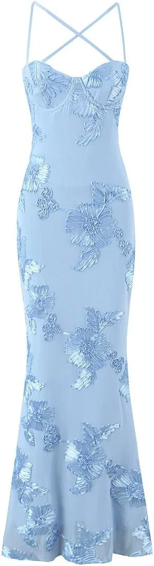Женское вечернее платье-макси с цветочной вышивкой, модель Floral Mermaid Maxi, светло-синий