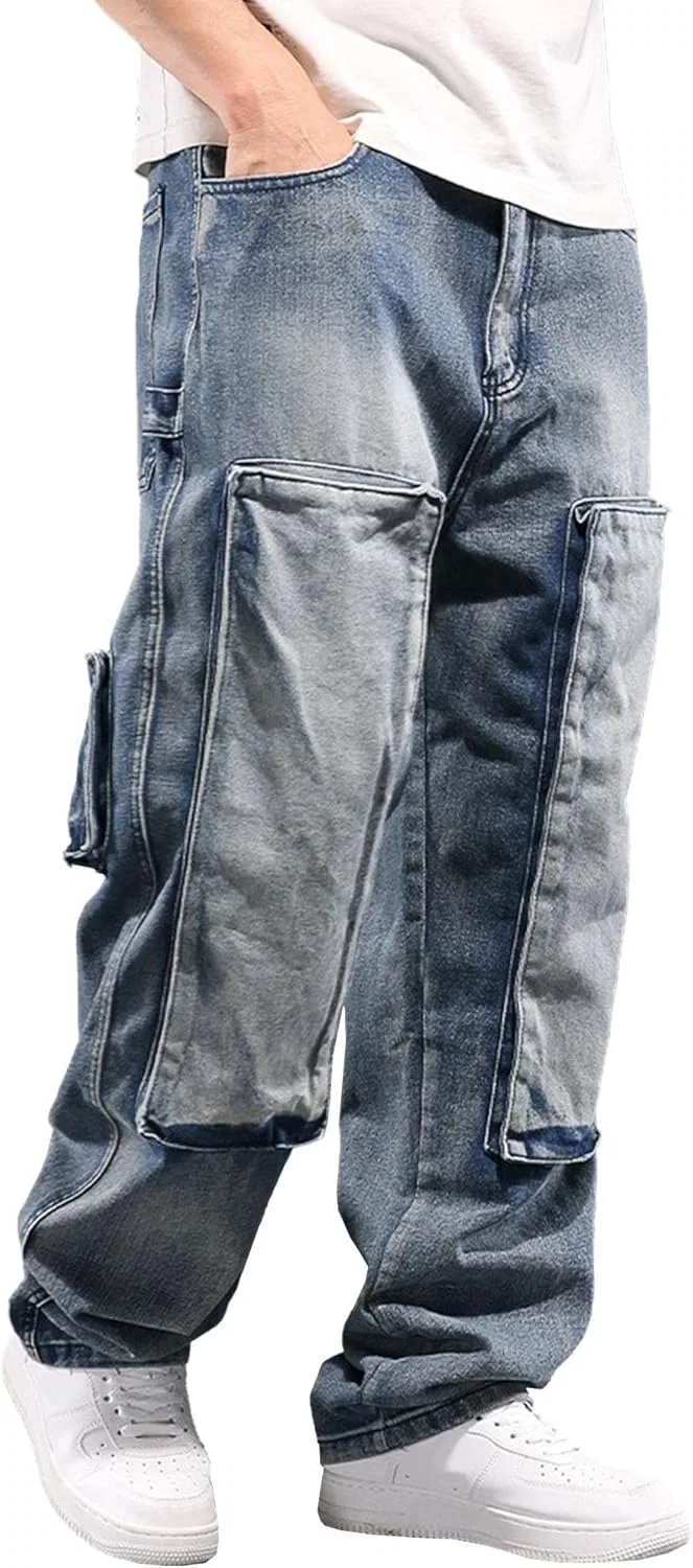 Джинсы свободные Men's Jeans Relaxed Fit Y2k Baggy Jeans Trendy Hip Hop Motorcycle Pants Straight Leg Skater Loose Denim Jean, синий