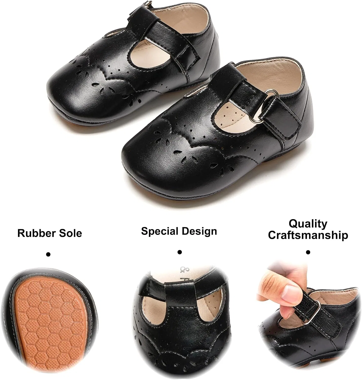 Детские туфли Мэри Джейн на мягкой подошве Moccasins Rubber Sole Crib Shoes Felix & Flora, Black — фото 4