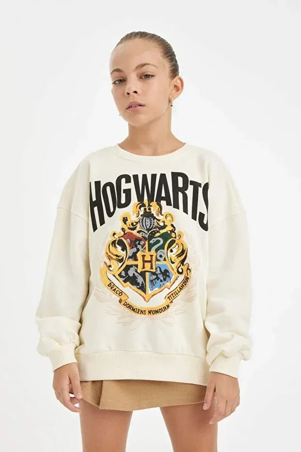 Детские свитшот для девочек оверсайз с принтом Harry Potter Oversize Wide Fit Crew Neck Defacto, Ekru-Er99