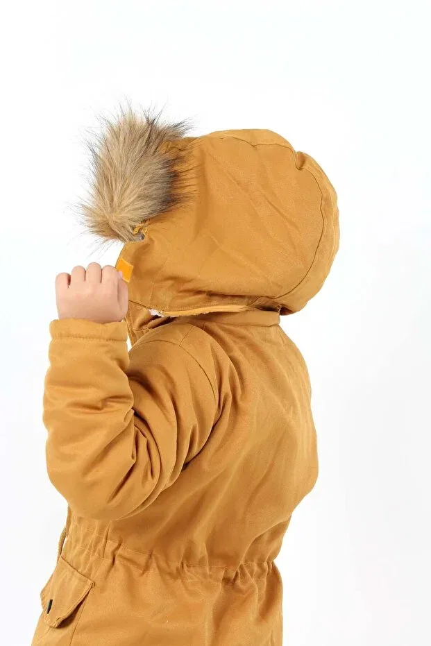 Детское зимнее пальто для девочек длинное с капюшоном Winter water repellent long fur coated coat Jannock, Mustard Yellow — фото 4
