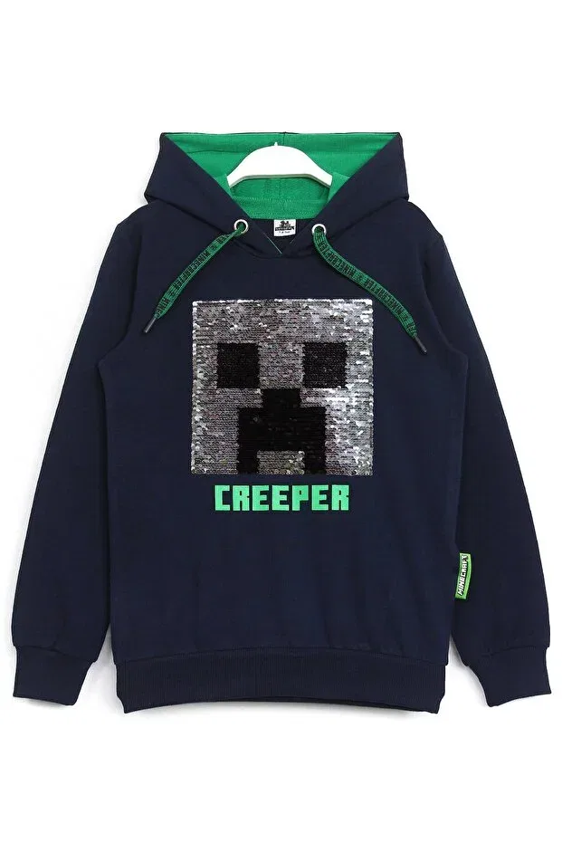 Детские свитшот для мальчиков с принтом Minecraft Creeper Reversible Color Changing Sequined Hooded Dobakids, Navy Blue — фото 2