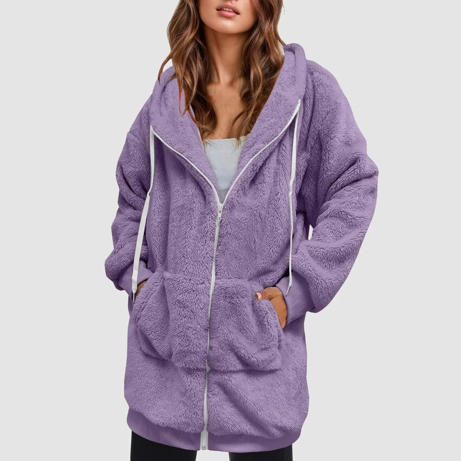 Женская куртка из флиса с капюшоном, длинным рукавом, однотонная, lilac — фото 2