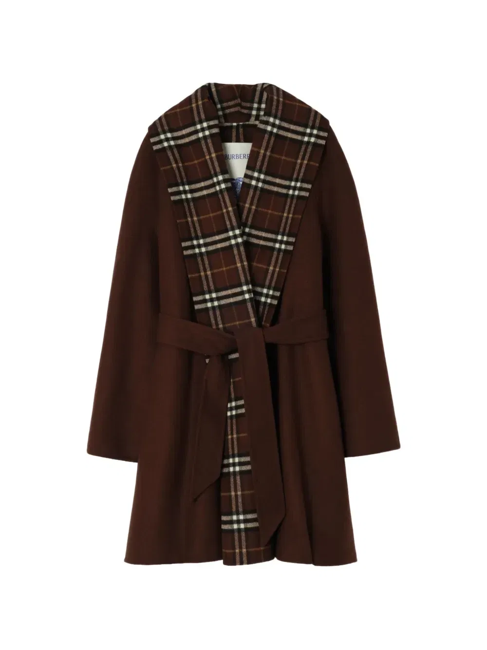 Шерстяное пальто с запахом и отделкой в клетку BURBERRY, коричневый