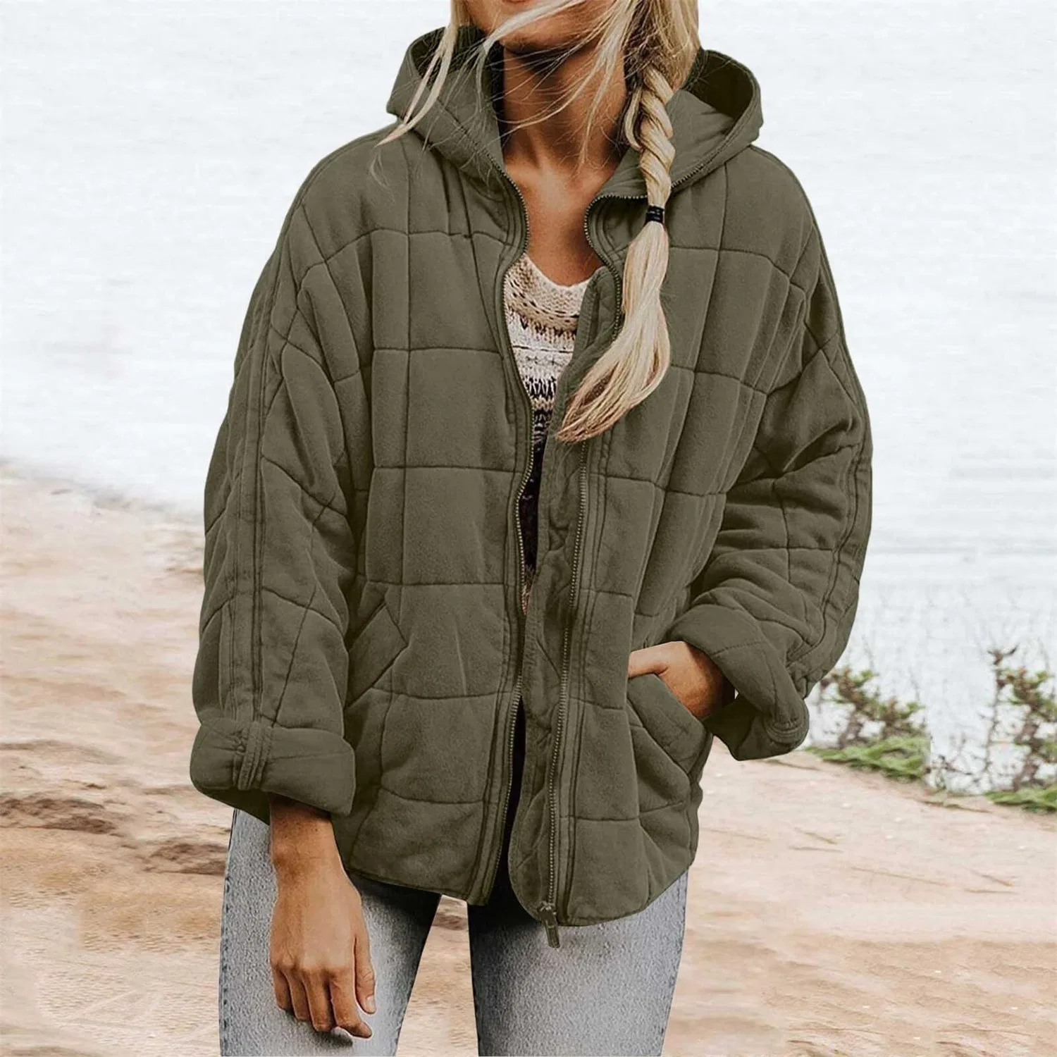Женская легкая стеганая куртка oversize с длинным рукавом, Verde-1 — фото 2