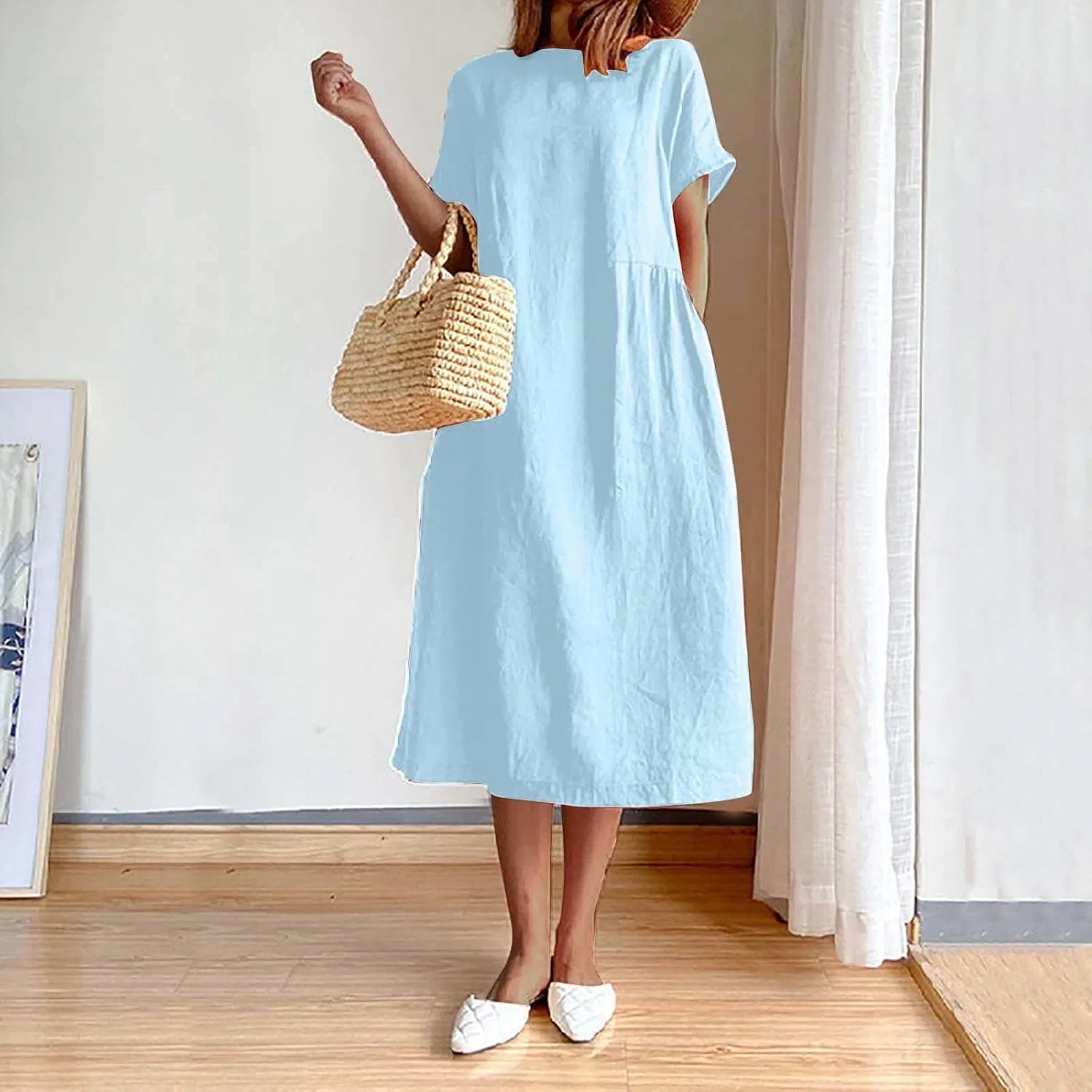 Женское летнее платье миди из льна и хлопка с коротким рукавом, Light Blue — фото 3