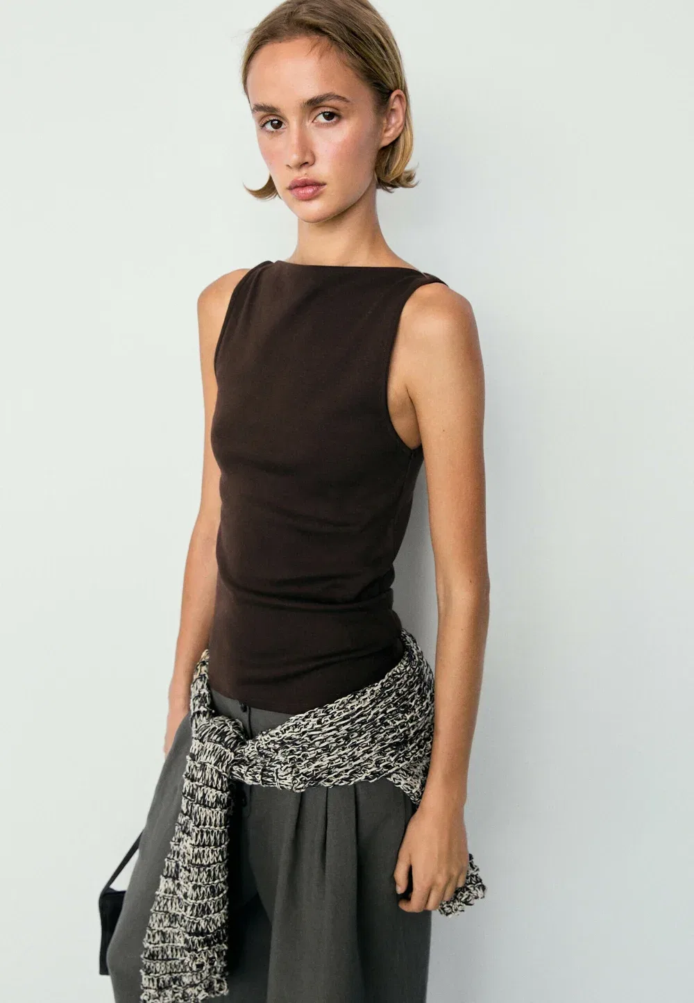 Футболка с прямым вырезом из 100% хлопка Massimo Dutti, Dark Brown
