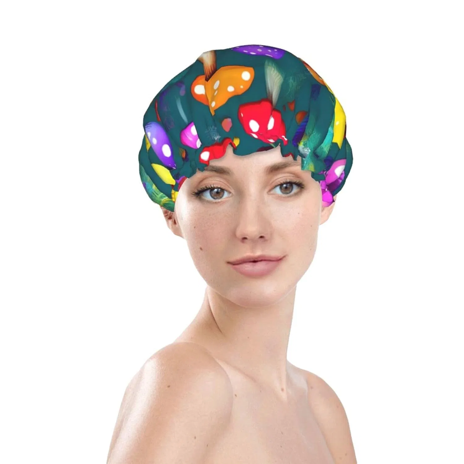 Двухслойная шапочка для душа Bright Mushrooms Kunstdruck, bvgweet, большой диаметр 27 см — фото 3