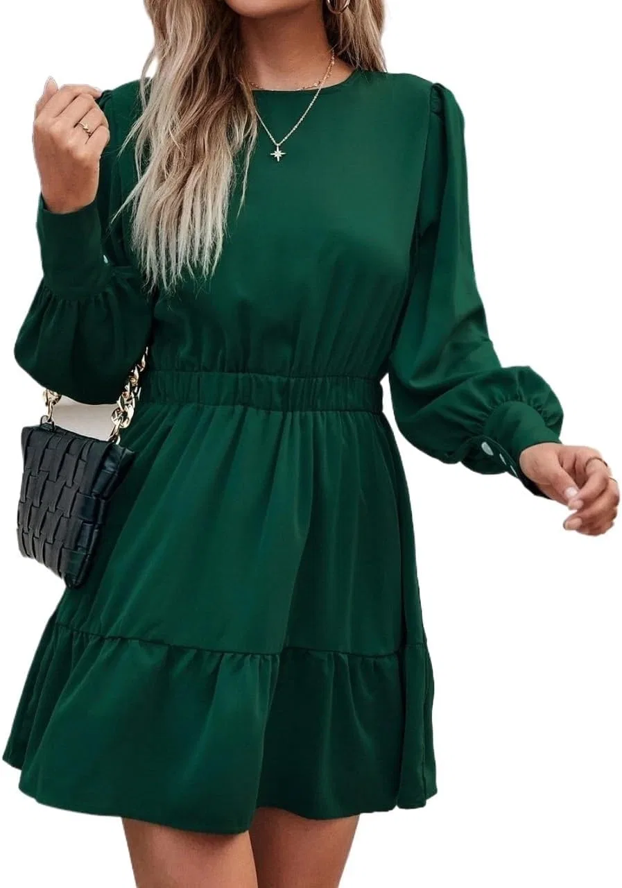 Женское платье А-силуэта с длинным рукавом и рюшами, Dark Green