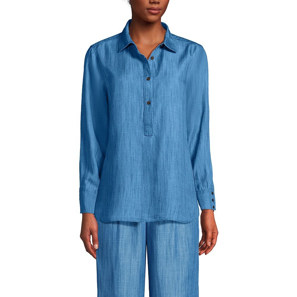

Рубашка Petite Lands' End из шамбре в стиле поповер, цвет Soft Indigo