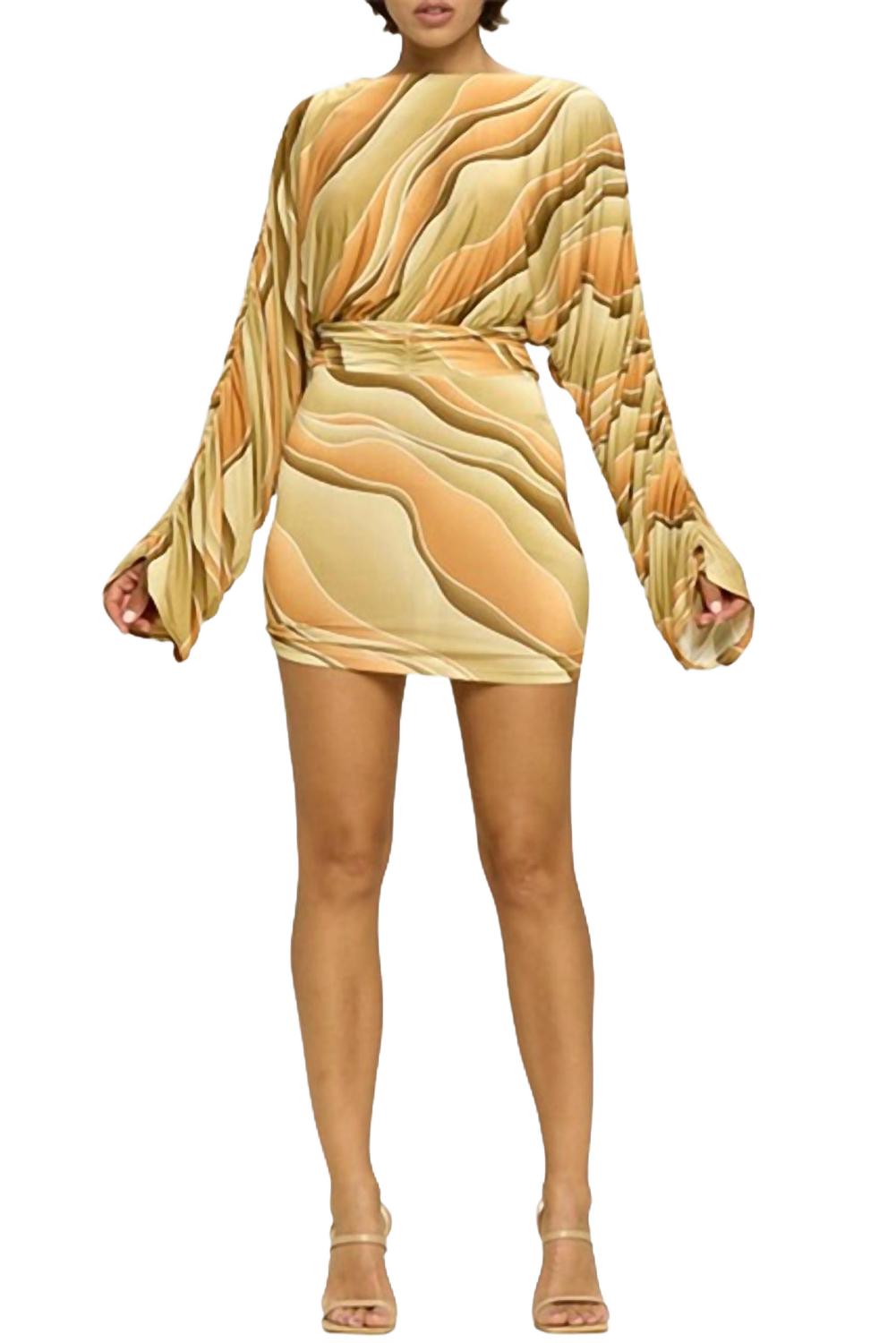 

Мраморное мини-платье с плиссировкой из джерси в желто-бежевой гамме Black Pearl Clothing