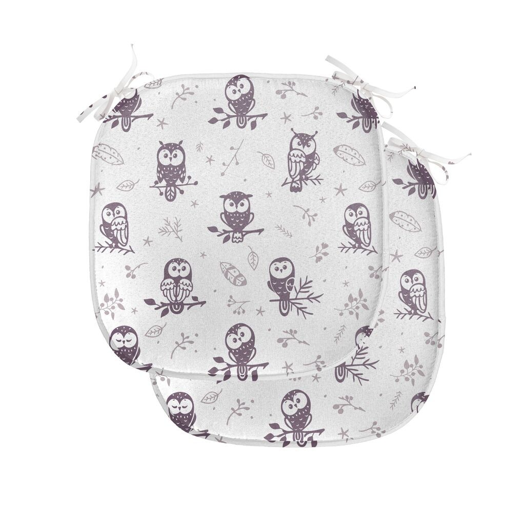 

ABAKUHAUS Подушка «Сова» для стульев в столовой, «Совы на ветке», декоративная водонепроницаемая подушка с ремнями для кухонных сидений, 40 см x 40 см — упаковка из 2 шт., баклажановый белый