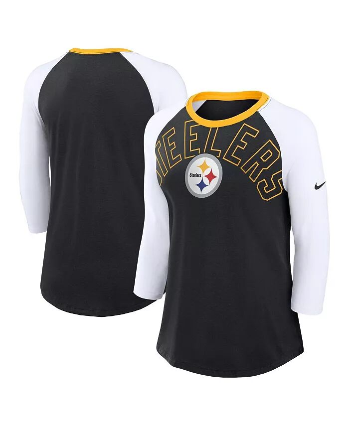 

Женская черно-белая футболка Pittsburgh Steelers Knockout Arch Raglan Tri-Blend с рукавом 3/4 Nike