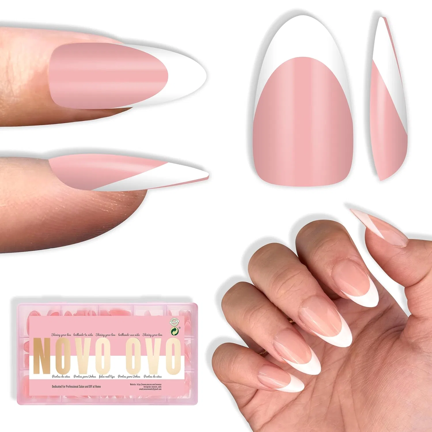 Набор накладных ногтей «White French Tip Almond» от NOVO OVO (240 шт.) Novo Ovo, Medium Almond White French Tip Baby Pink 240_Eu