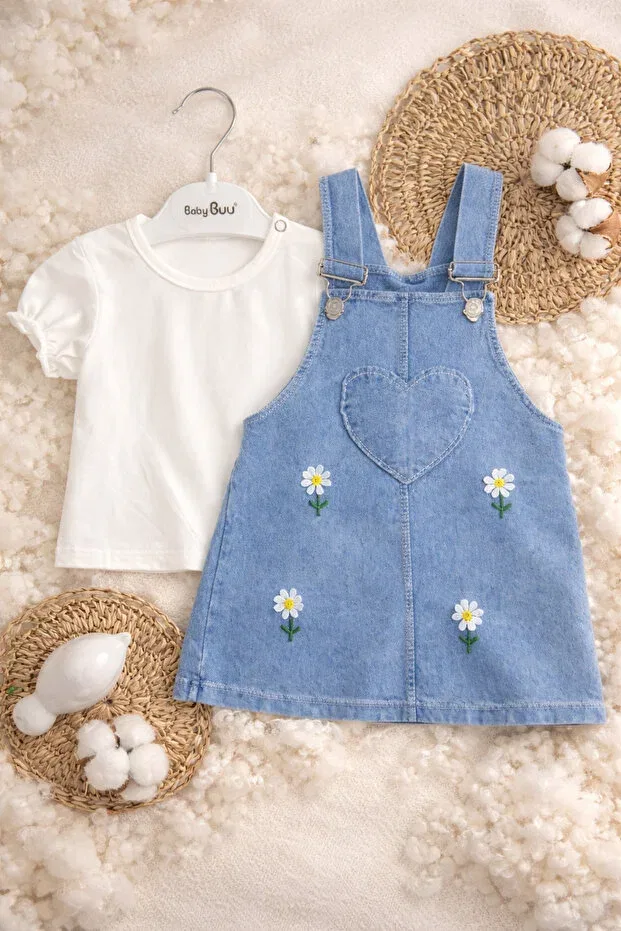 Детский комплект для девочек с принтом Daisy Embroidery Detailed Baby Girl Salopet Dress Set Aslin Store, Ecru