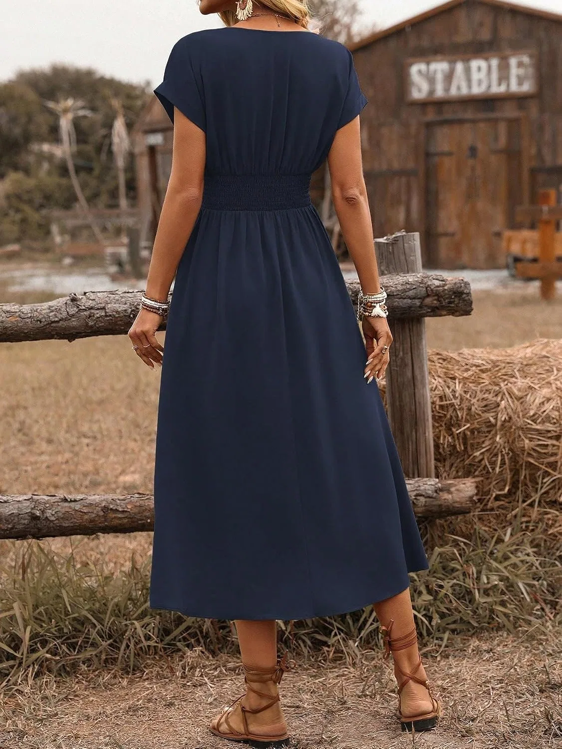Женское повседневное миди-платье с защипами на талии Drop Shoulder Sleeve, Navy Blue — фото 3