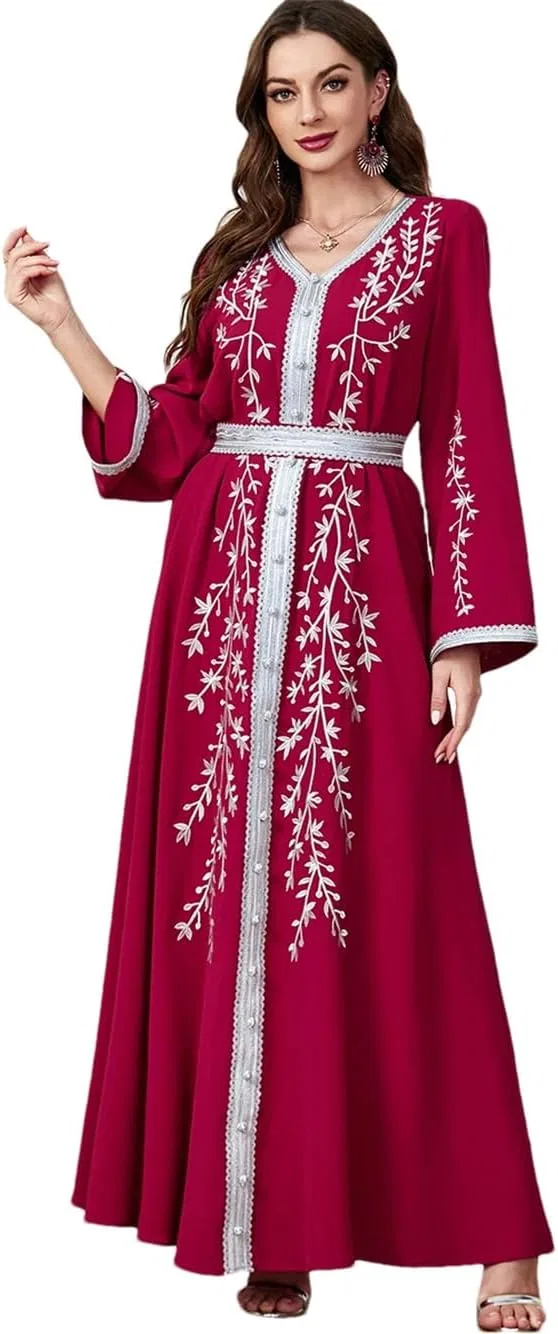 Женское открытое абайя с вышивкой, Red