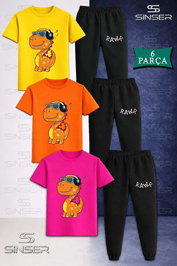Детский комплект футболки и штанов с принтом Rawr Dino Ss Sinser, Pink - Orange - Yellow
