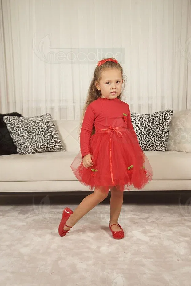 Детское платье для девочек хлопковое с аппликацией Tulle lined stretchy cherry dress Neocotton, Long-Red