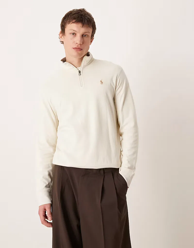 Свитшот Polo Ralph Lauren из двойного трикотажа с логотипом Icon, двусторонняя вязка, молния до середины груди, кремовый