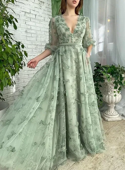 Женское вечернее платье с пышными рукавами 3D бабочка, Emerald Green — фото 2