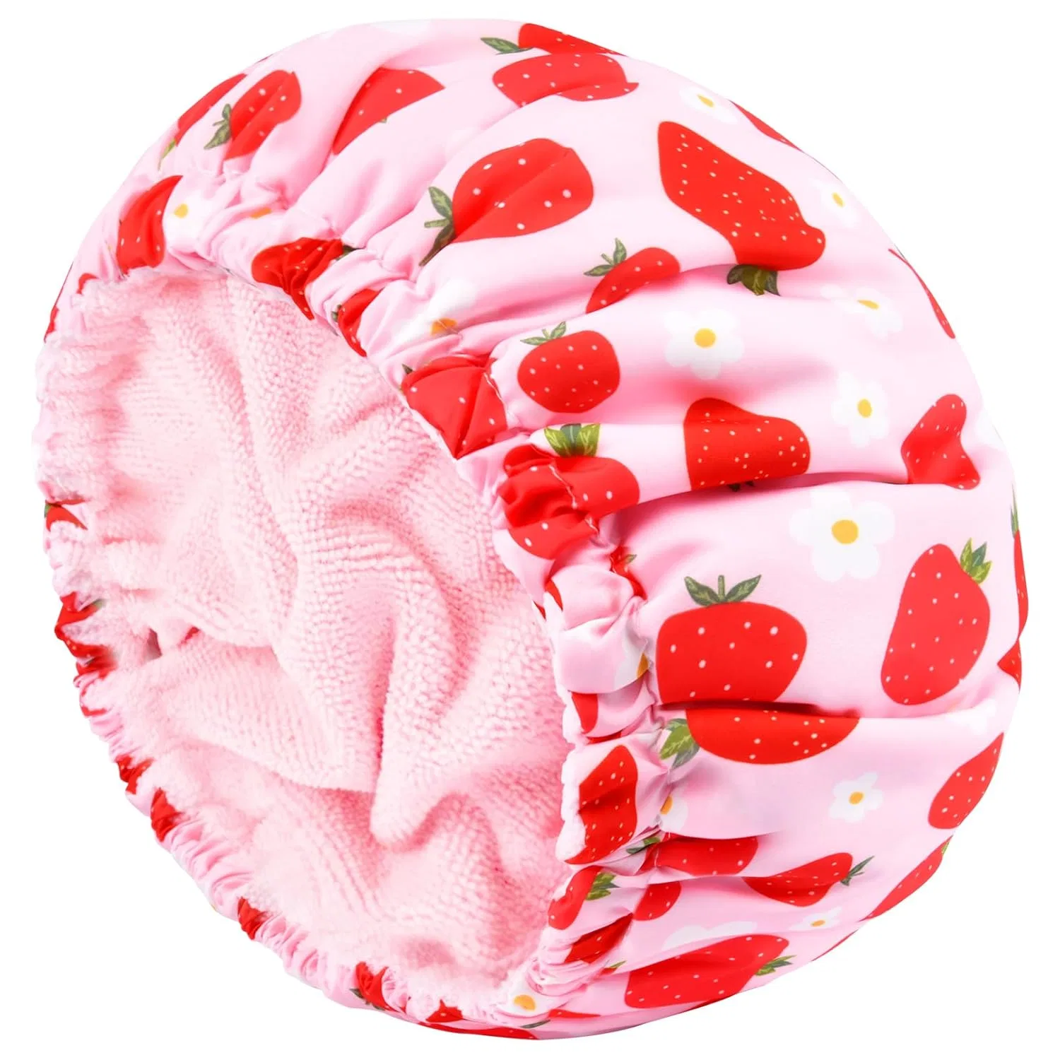 Шапочка для душа Terry Cloth Lined Large Reusable Waterproof, Aileam, Cotton, Pink Strawberry Flowers