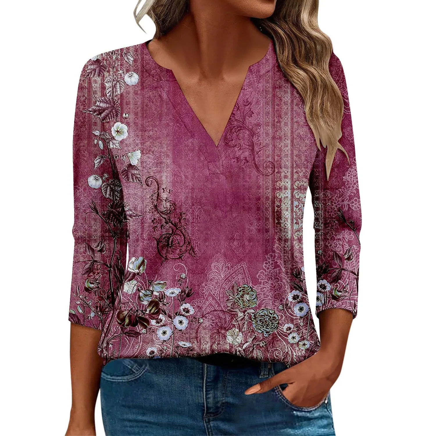 Женская блуза с принтом Women Blouses 3/4 Sleeve V Neck Casual Elegant Summer Boho Floral Print Blouses, 41#vino