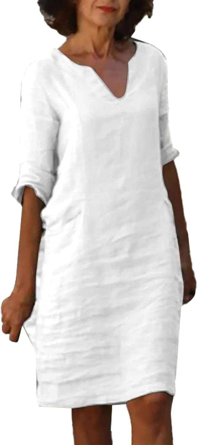 Женское платье миди V-образным вырезом Cotton Linen, White