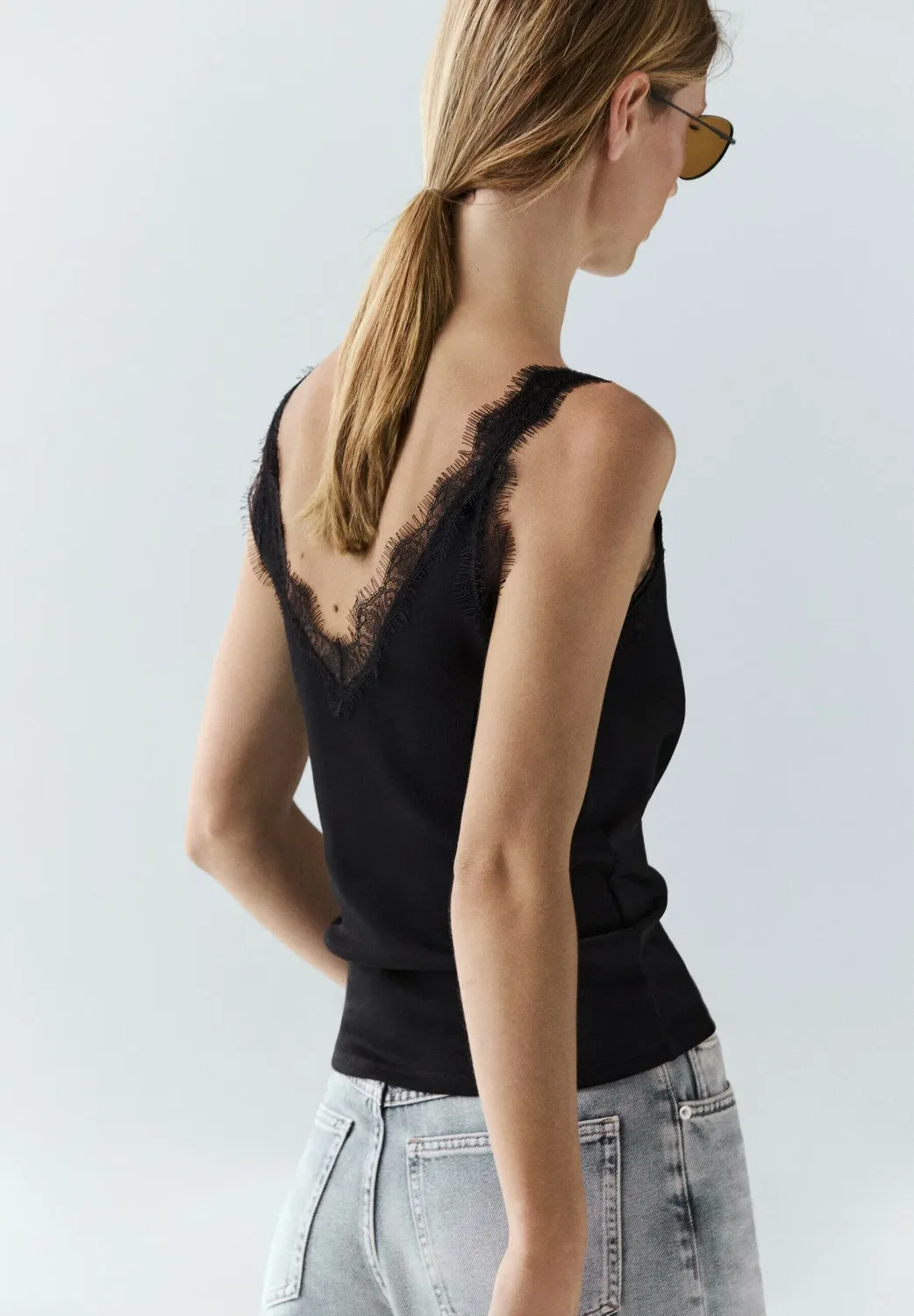 Топ с кружевной отделкой и бретелями Massimo Dutti, Black — фото 3