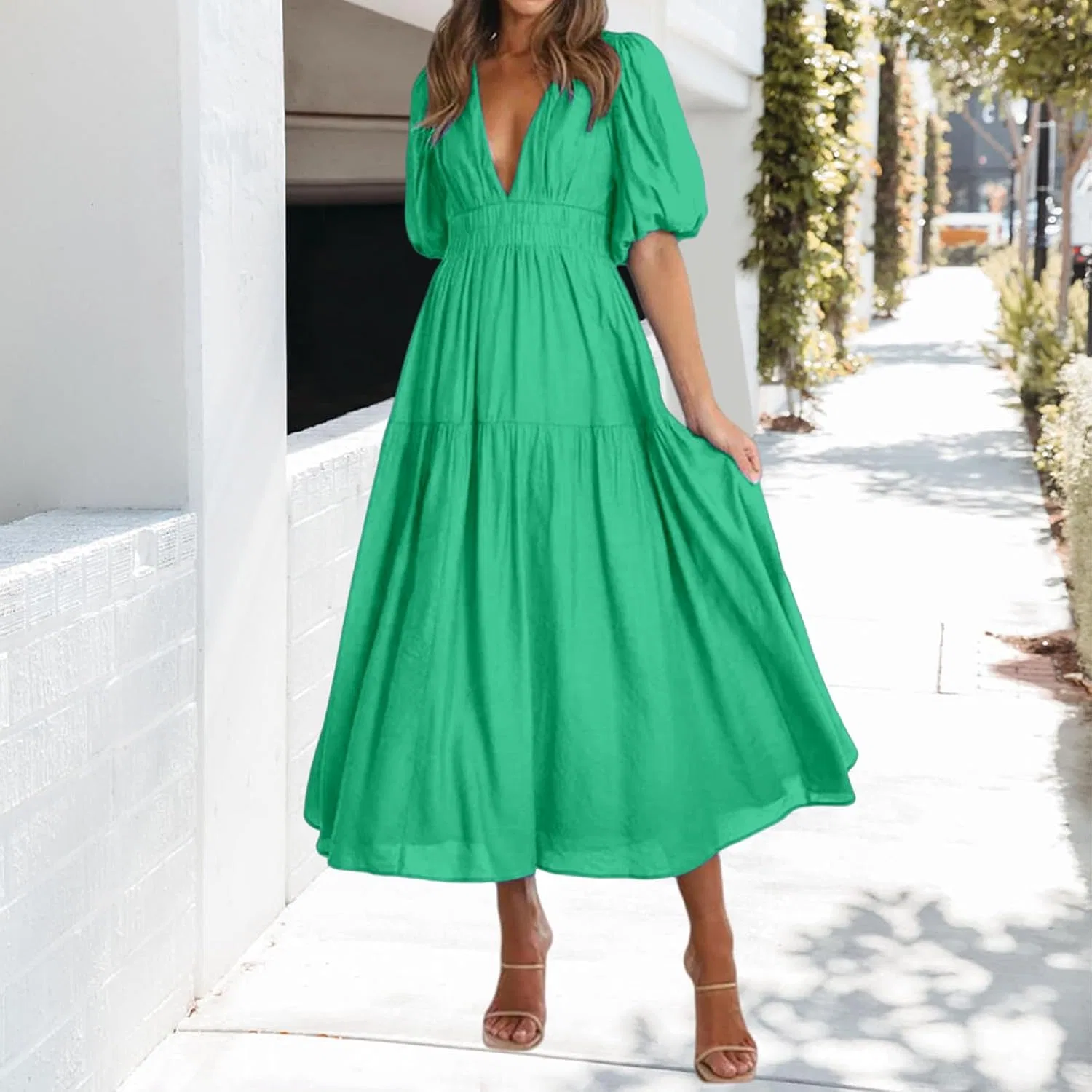 Женское летнее макси-платье с V-образным вырезом Flowy A-line, Green — фото 2