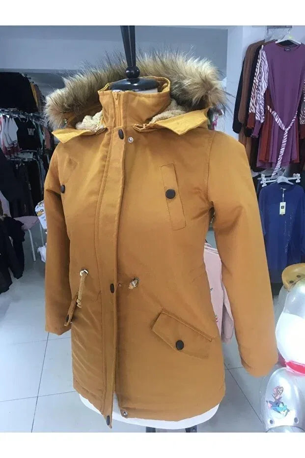 Детское зимнее пальто для девочек с меховым капюшоном MNT-0005 Günce Moda, Mustard Yellow — фото 2